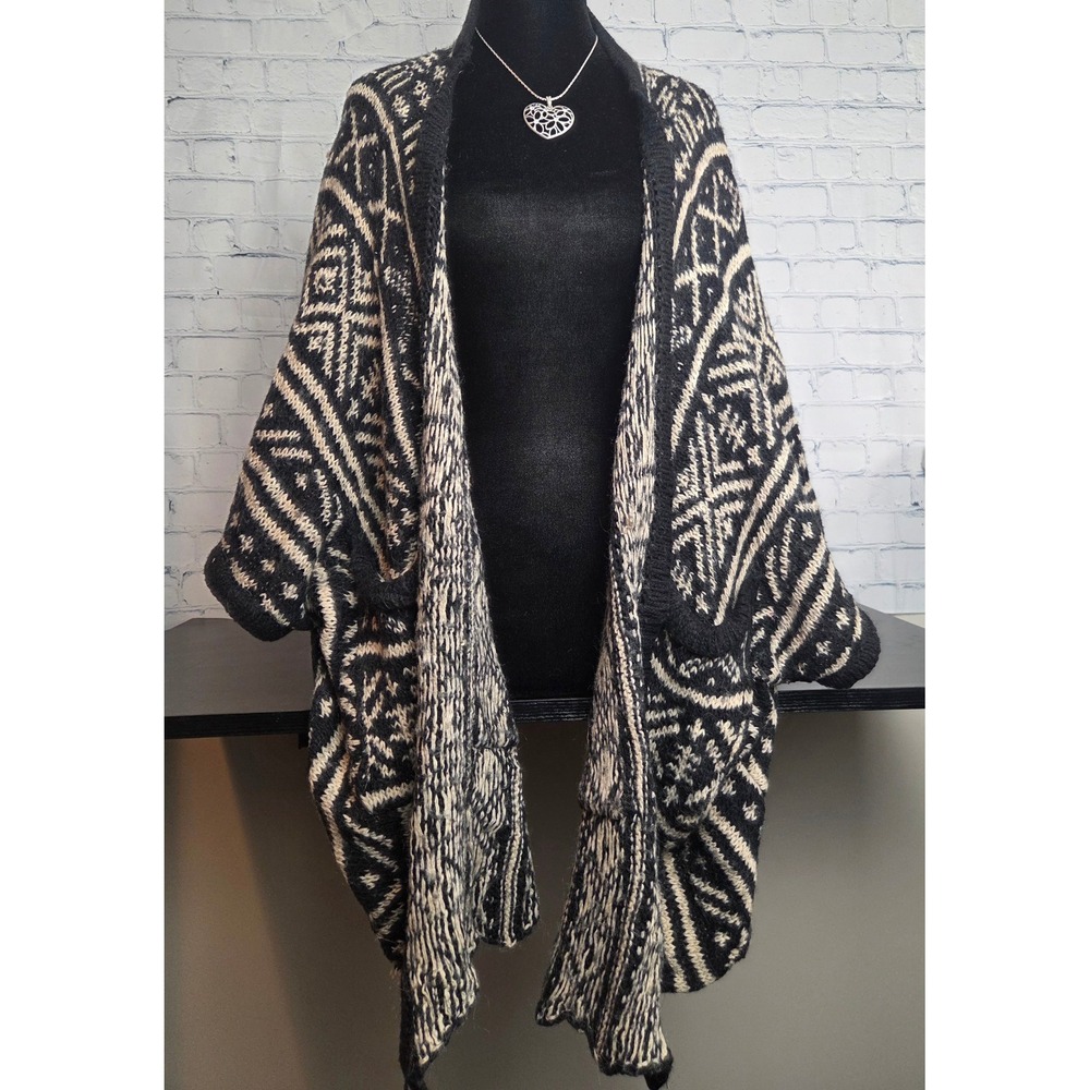 Made in Italy Wool Blend Geometric Fair Isle Open Front Cardigan Black Cream